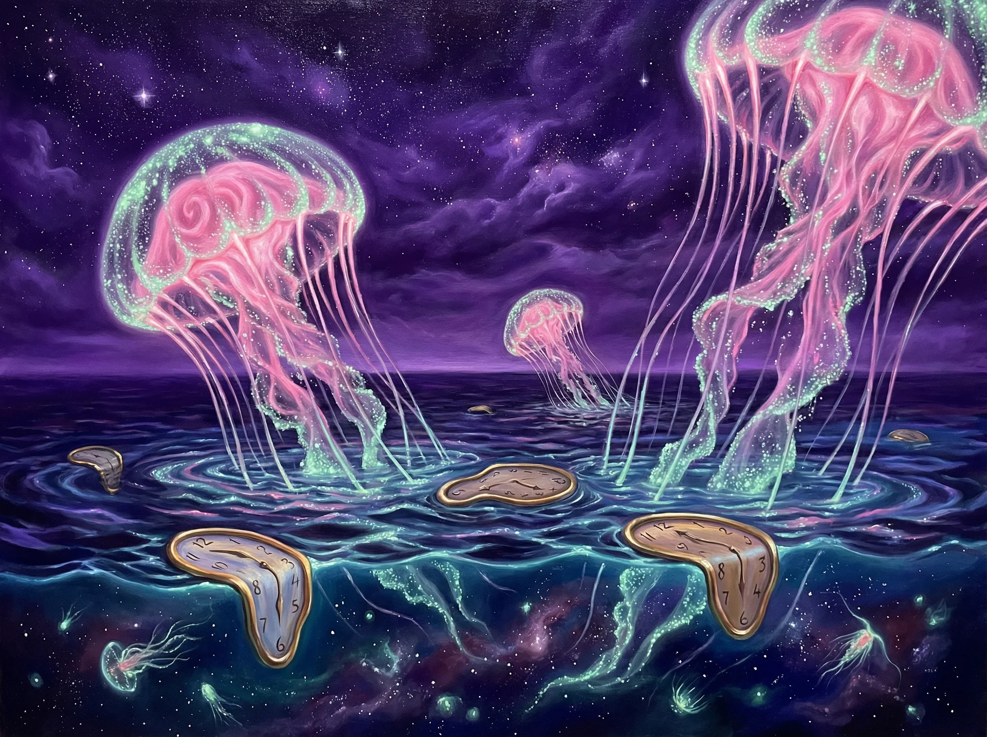 超现实梦境画作 - 深海水母与融化时钟，关联 168幸运飞艇 幸运号码