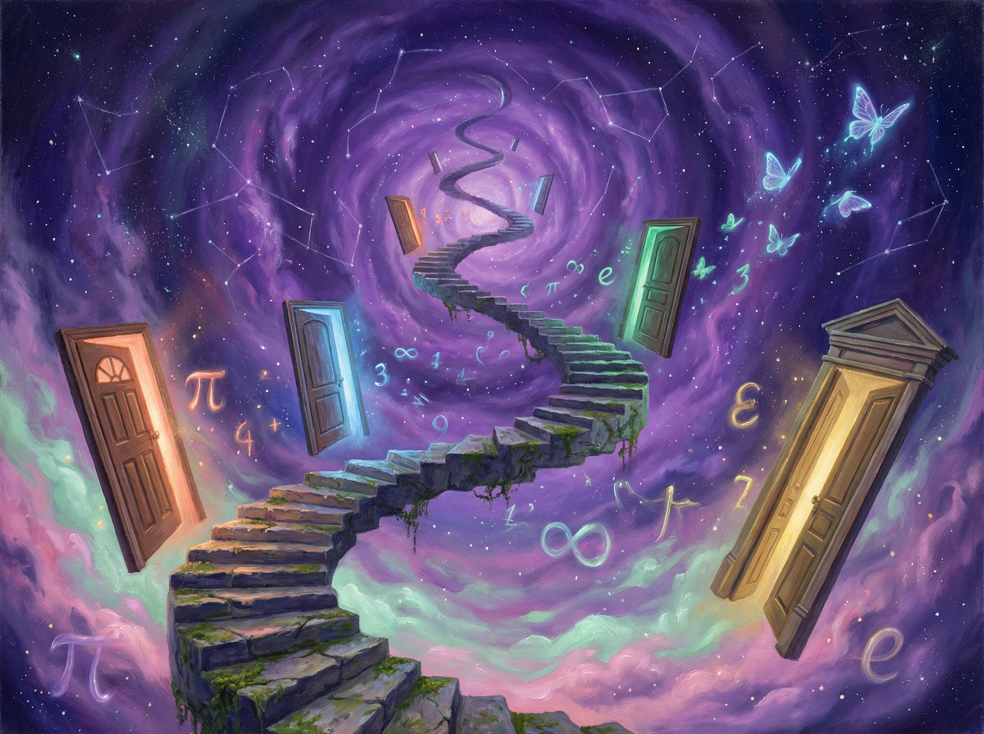 超现实梦境画作 - 无限阶梯与浮动之门，关联 168幸运飞艇 幸运号码