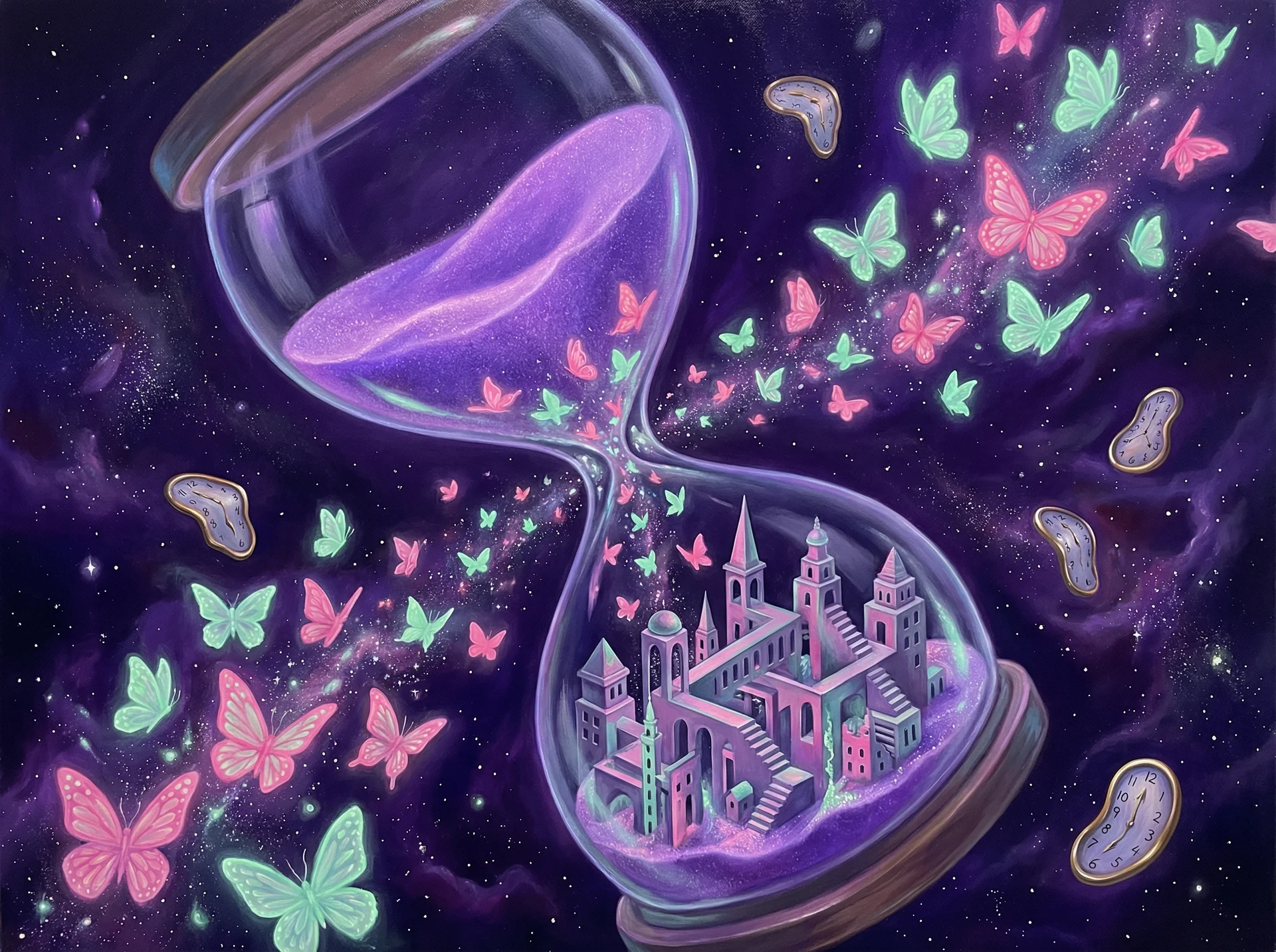 超现实梦境画作 - 时间沙漏与蝴蝶变幻，关联 168幸运飞艇 幸运号码