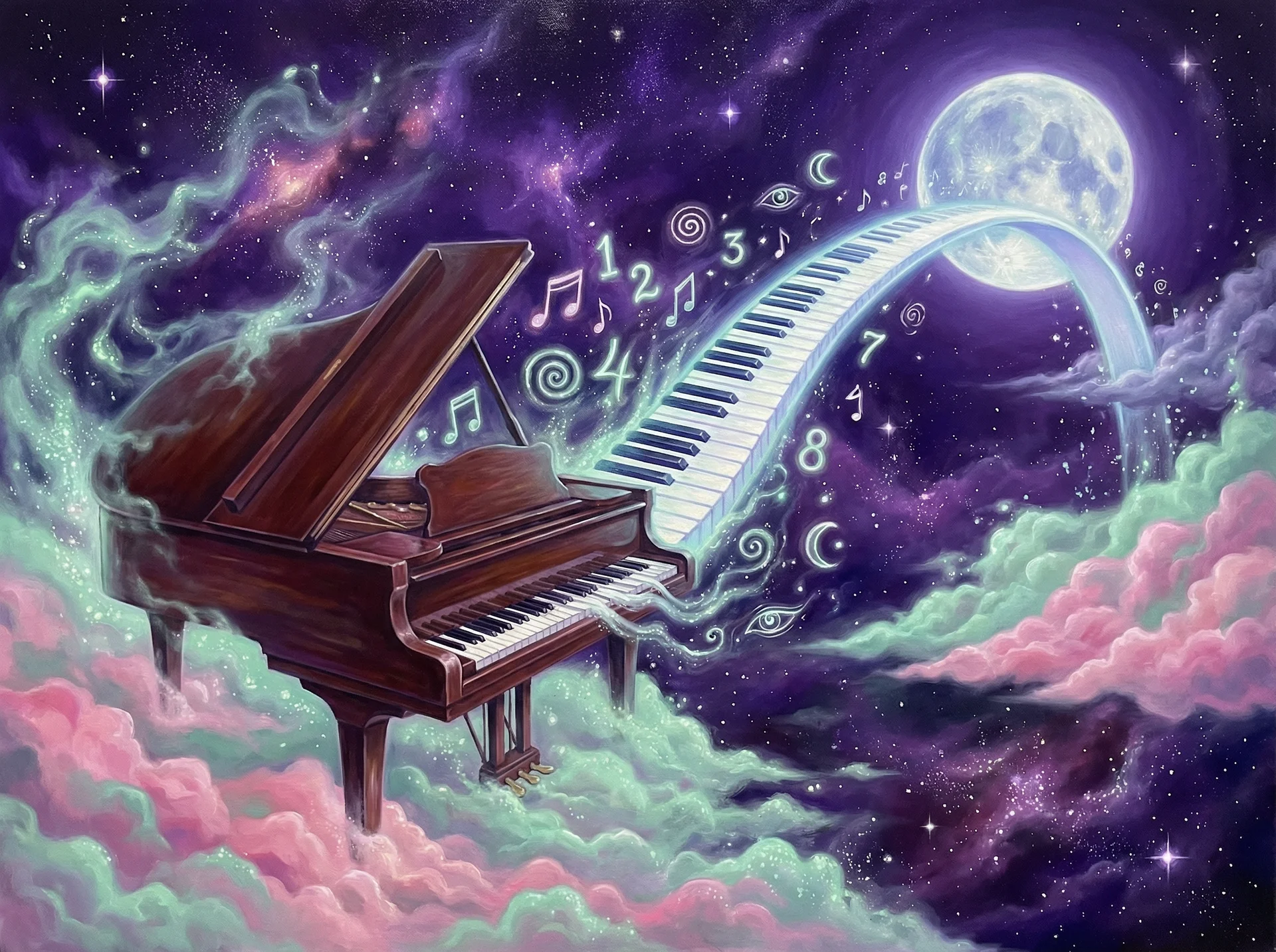 超现实梦境画作 - 宇宙钢琴与月光之桥，关联 168幸运飞艇 幸运号码